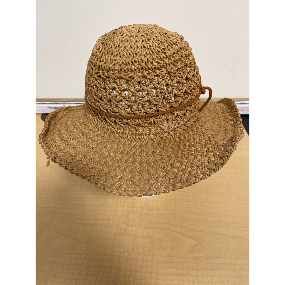 Woven Paper Straw Sun Hat Tan Brown Wide Brim Chin Strap Tassel RN134313